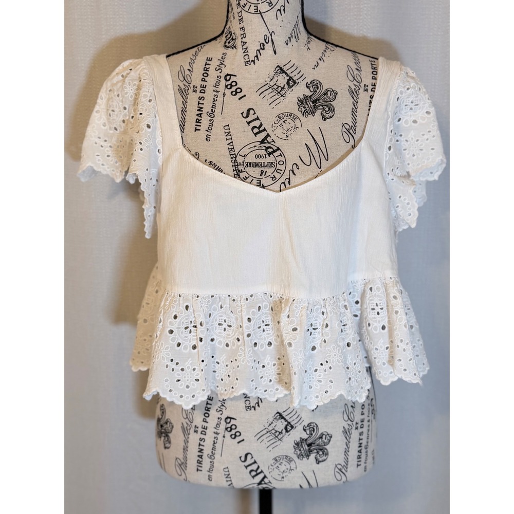 American Eagle White Eyelet Flutter Sleeve Smocked Back Crop Top Large